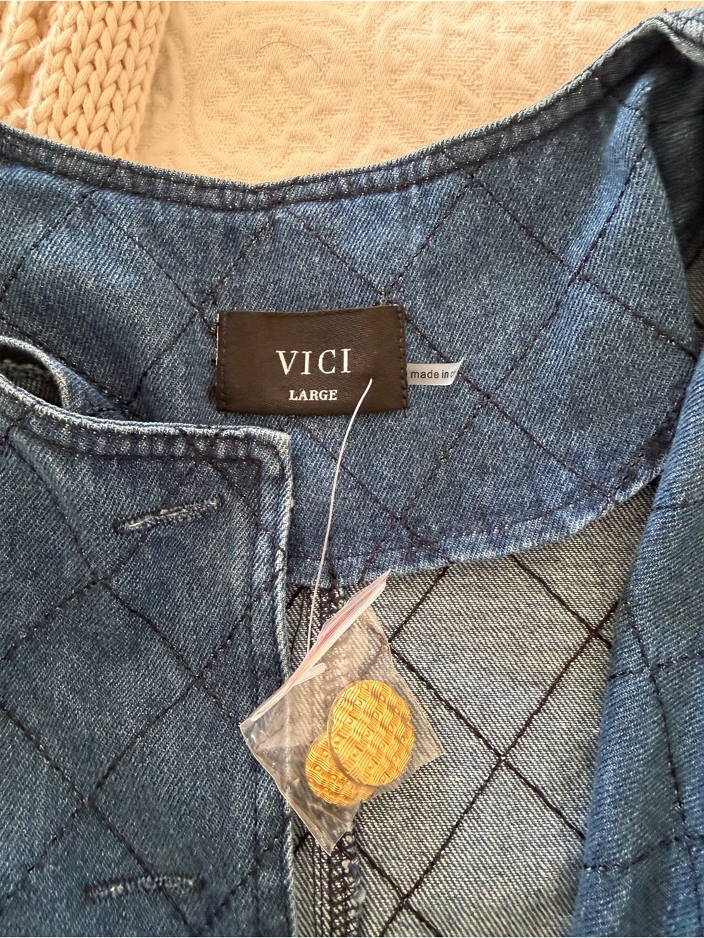 VICI Quilted Denim Jacket in Blue with Gold Buttons